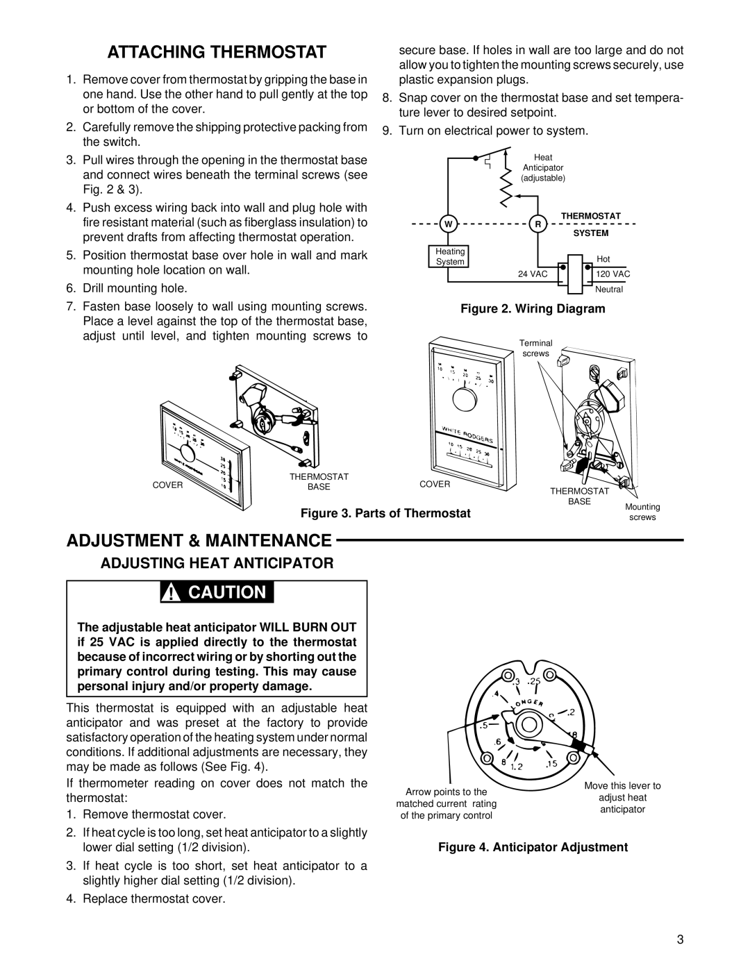 White Rodgers 1C30(W), 1D30(W) Attaching Thermostat, Adjustment & Maintenance, Adjusting Heat Anticipator, System 