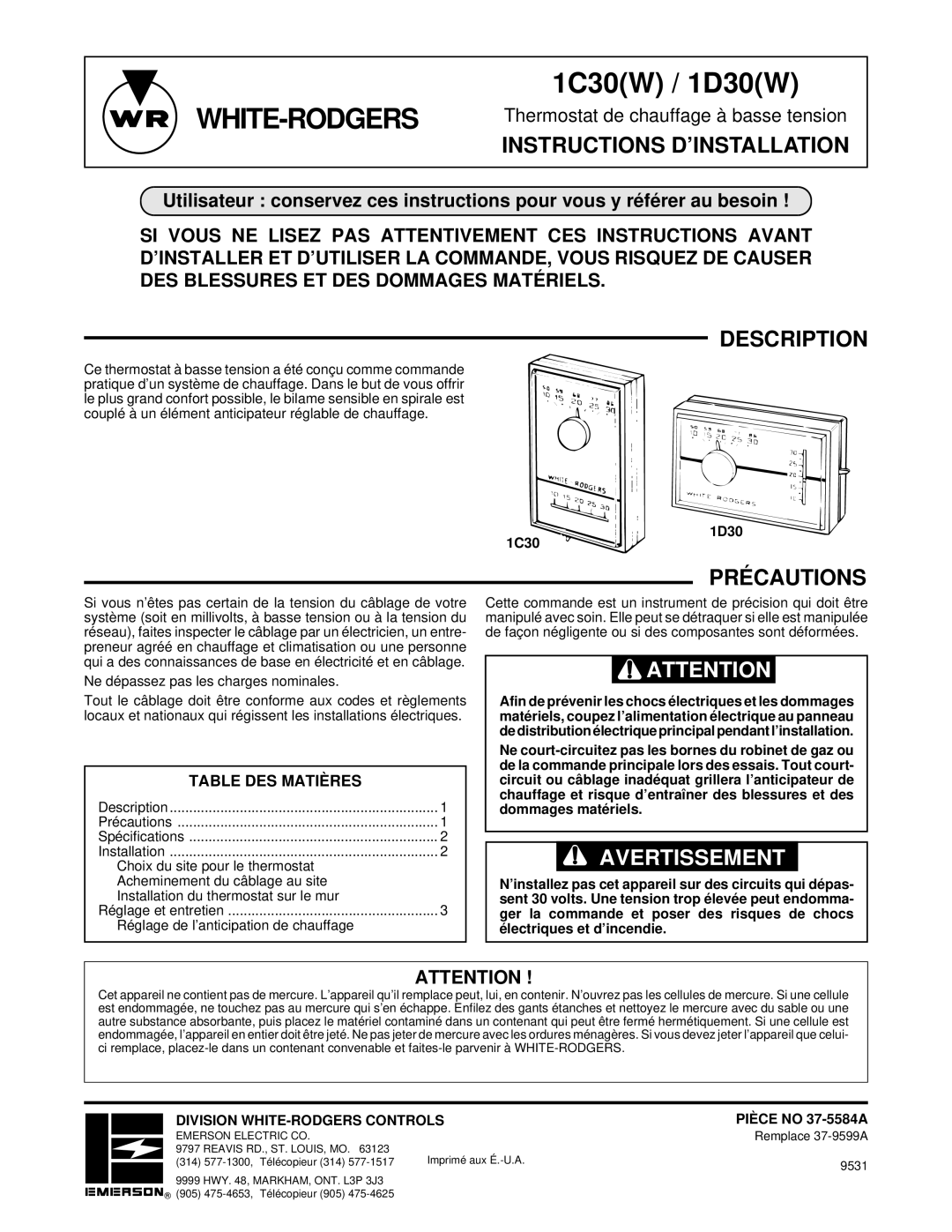 White Rodgers 1C30(W), 1D30(W) Instructions D’INSTALLATION, Précautions, 1D30 1C30, Division WHITE-RODGERS Controls 