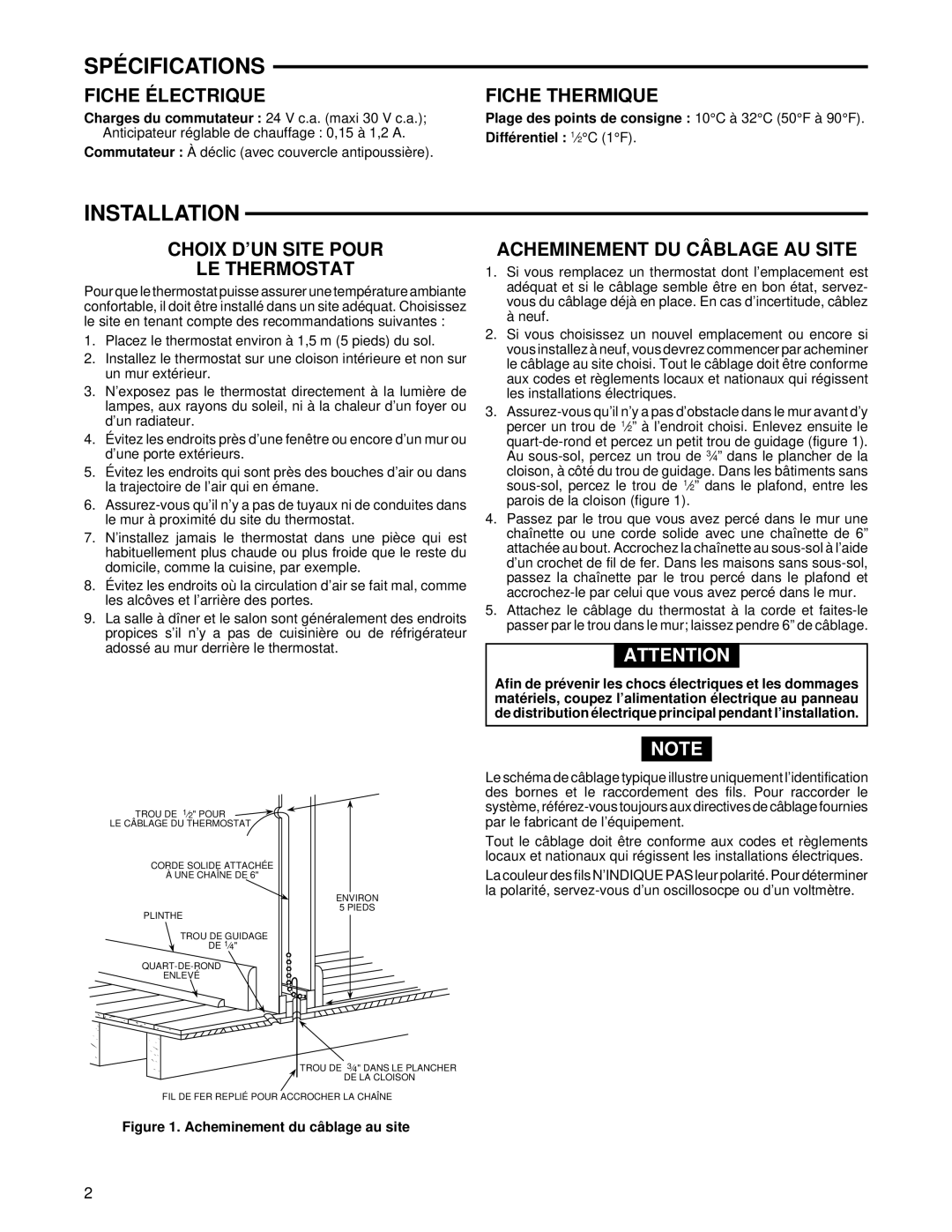 White Rodgers 1D30(W), 1C30(W) Spécifications, Fiche Électrique, Fiche Thermique, Choix D’UN Site Pour LE Thermostat 