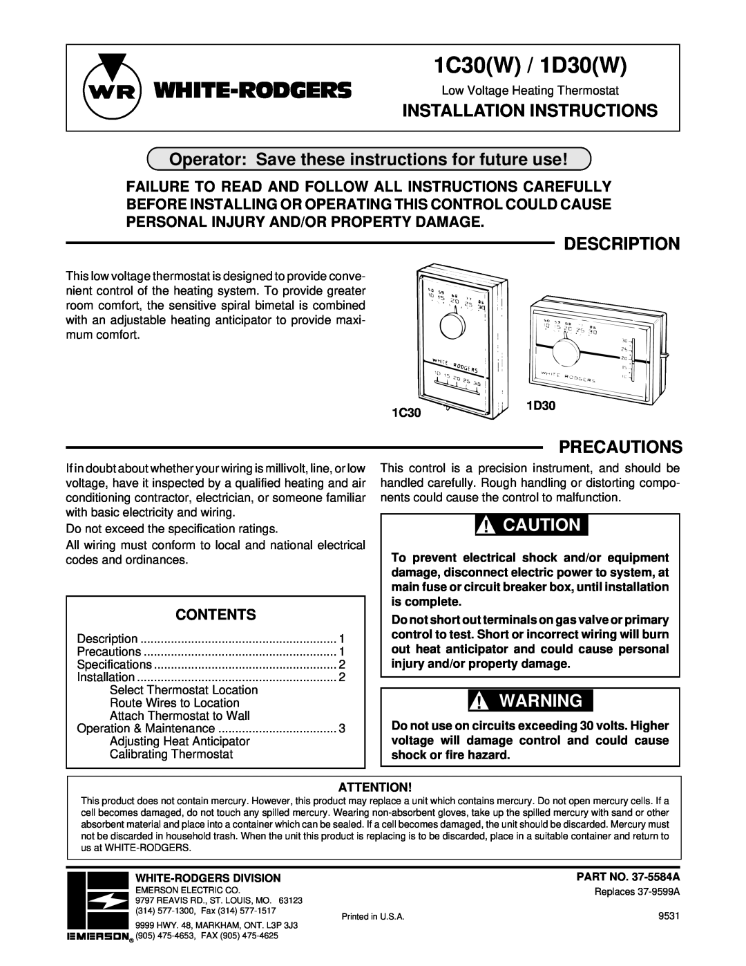 White Rodgers 1C30(W) installation instructions 1C30W / 1D30W, Operator Save these instructions for future use, Contents 