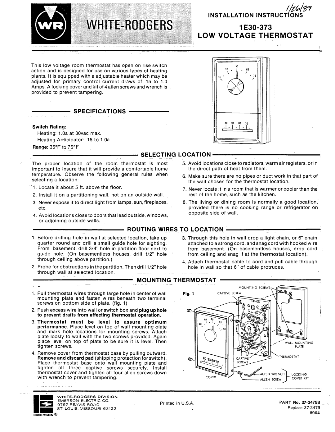 White Rodgers 1E30-373 manual 