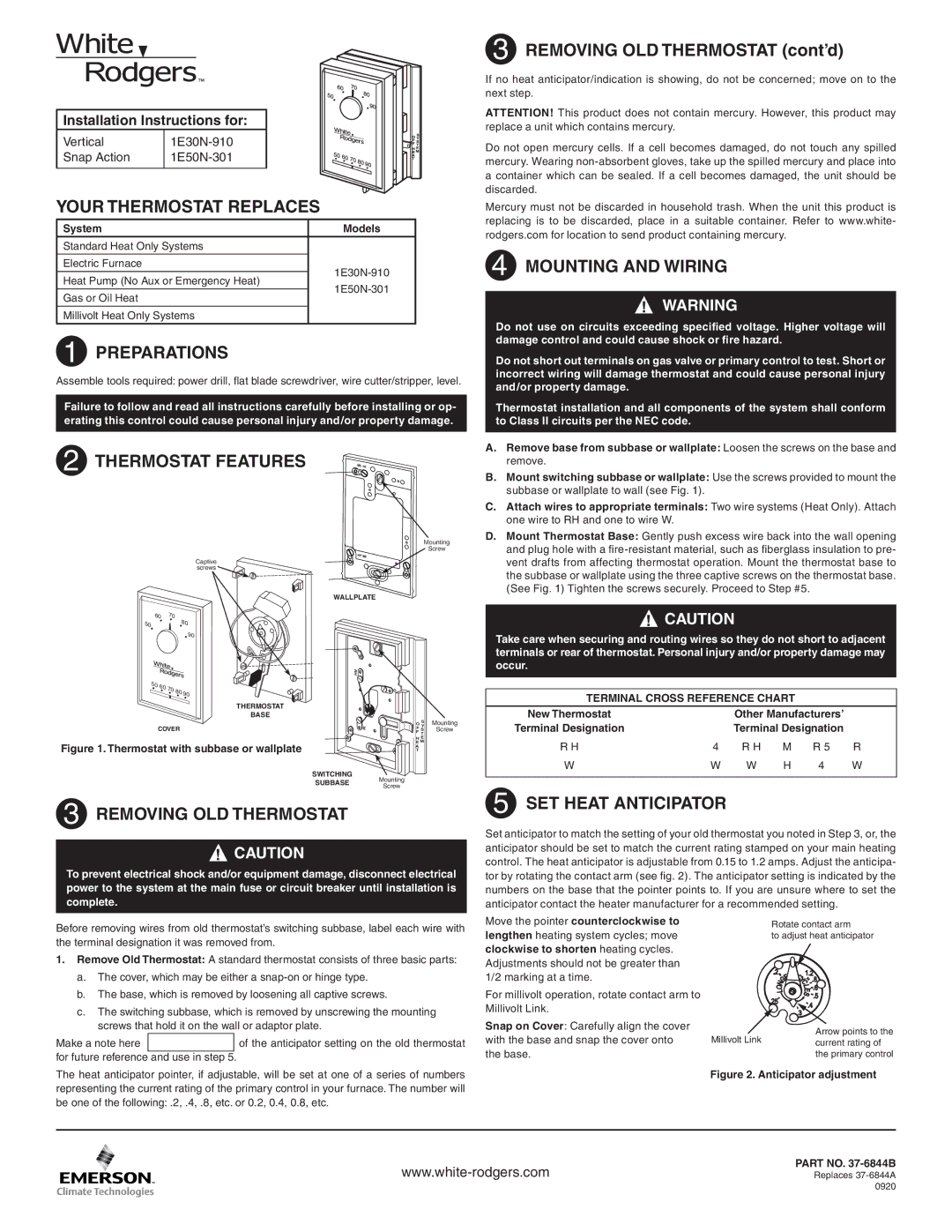 White Rodgers 1E30N-910, 1E50N-301 installation instructions Your Thermostat Replaces, Preparations, Thermostat Features 