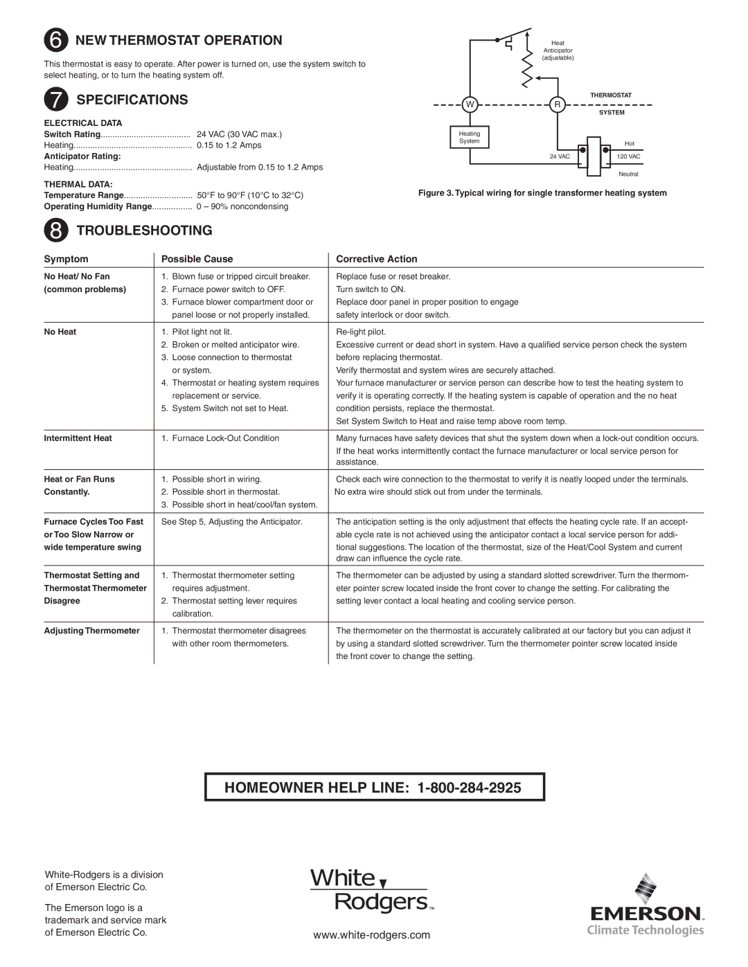 White Rodgers 1E50N-301, 1E30N-910 installation instructions NEW Thermostat Operation, Specifications, Troubleshooting 