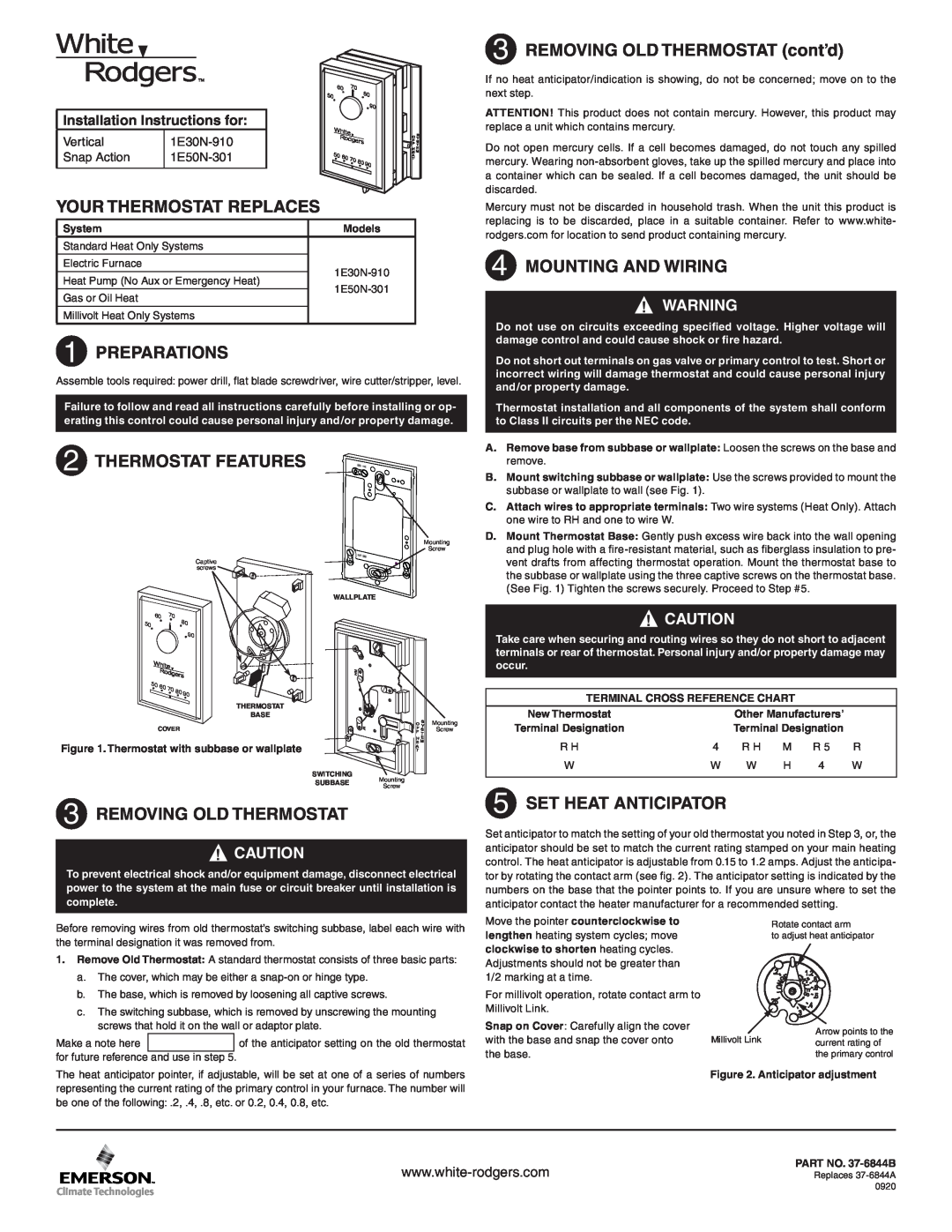 White Rodgers 1E30N-910 installation instructions REMOVING OLD THERMOSTAT cont’d, Your Thermostat Replaces, Preparations 