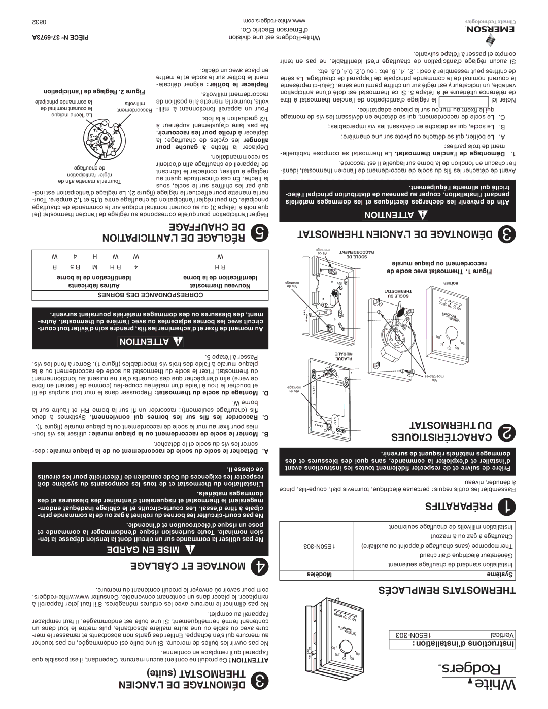 White Rodgers 1E50N-303 Chauffage DE ’ANTICIPATION DE Réglage, Caractéristiques, Câblage ET Montage, Préparatifs 