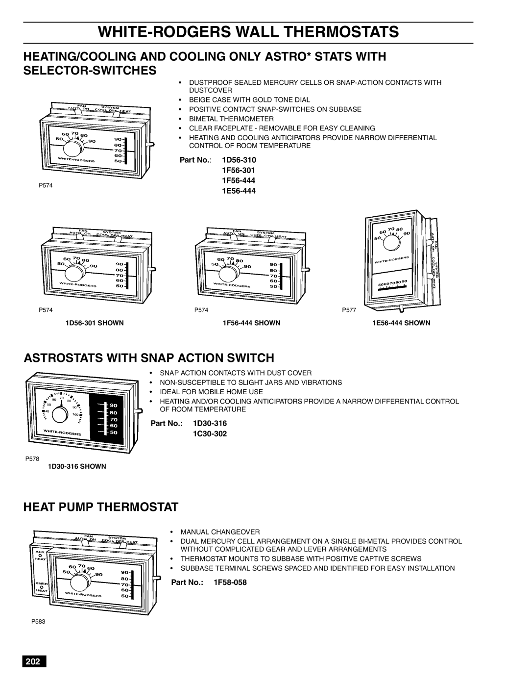 White Rodgers 1D56-310 manual WHITE-RODGERS Wall Thermostats, Astrostats with Snap Action Switch, Heat Pump Thermostat 