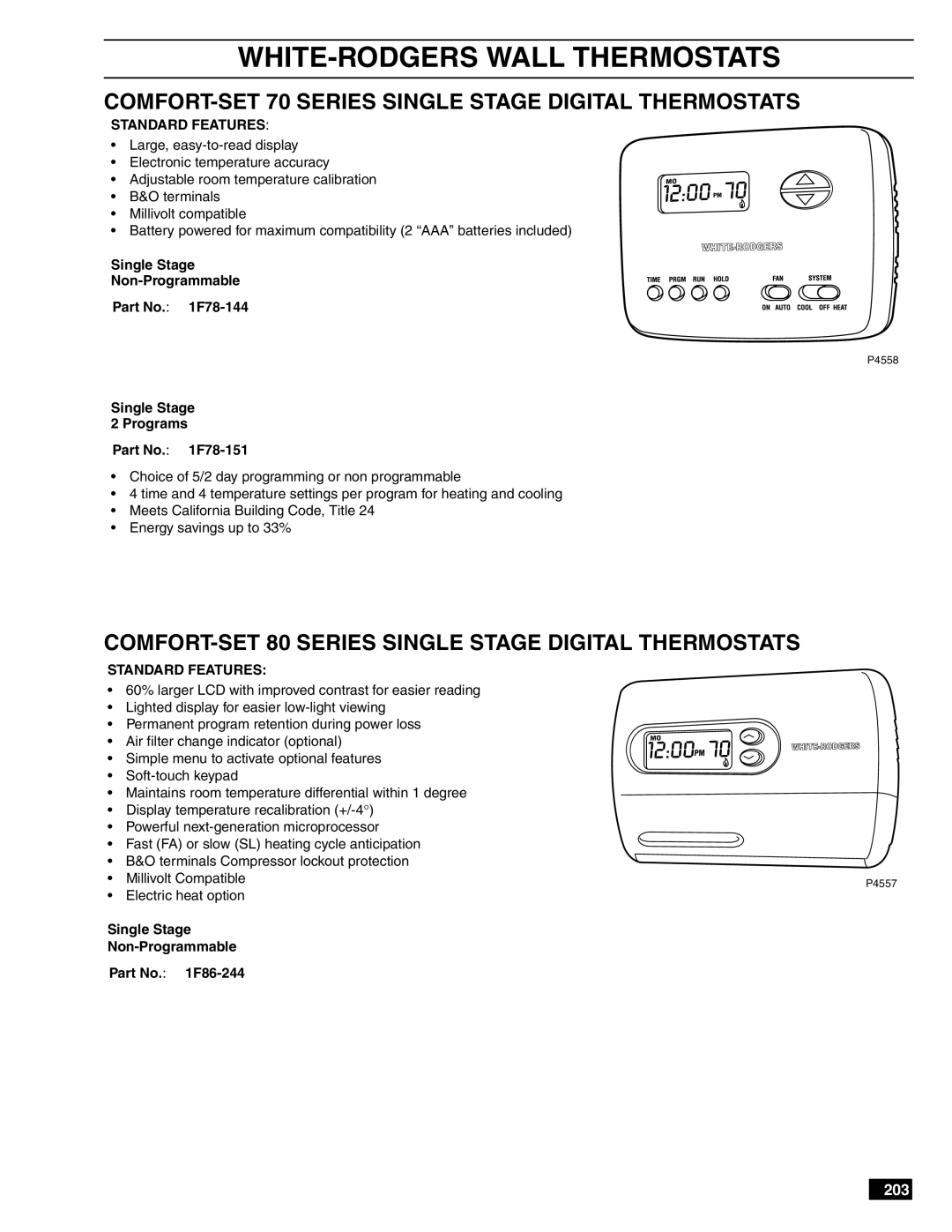 White Rodgers 1F56-444 manual COMFORT-SET 70 Series Single Stage Digital Thermostats, Single Stage Programs Part No F78-151 