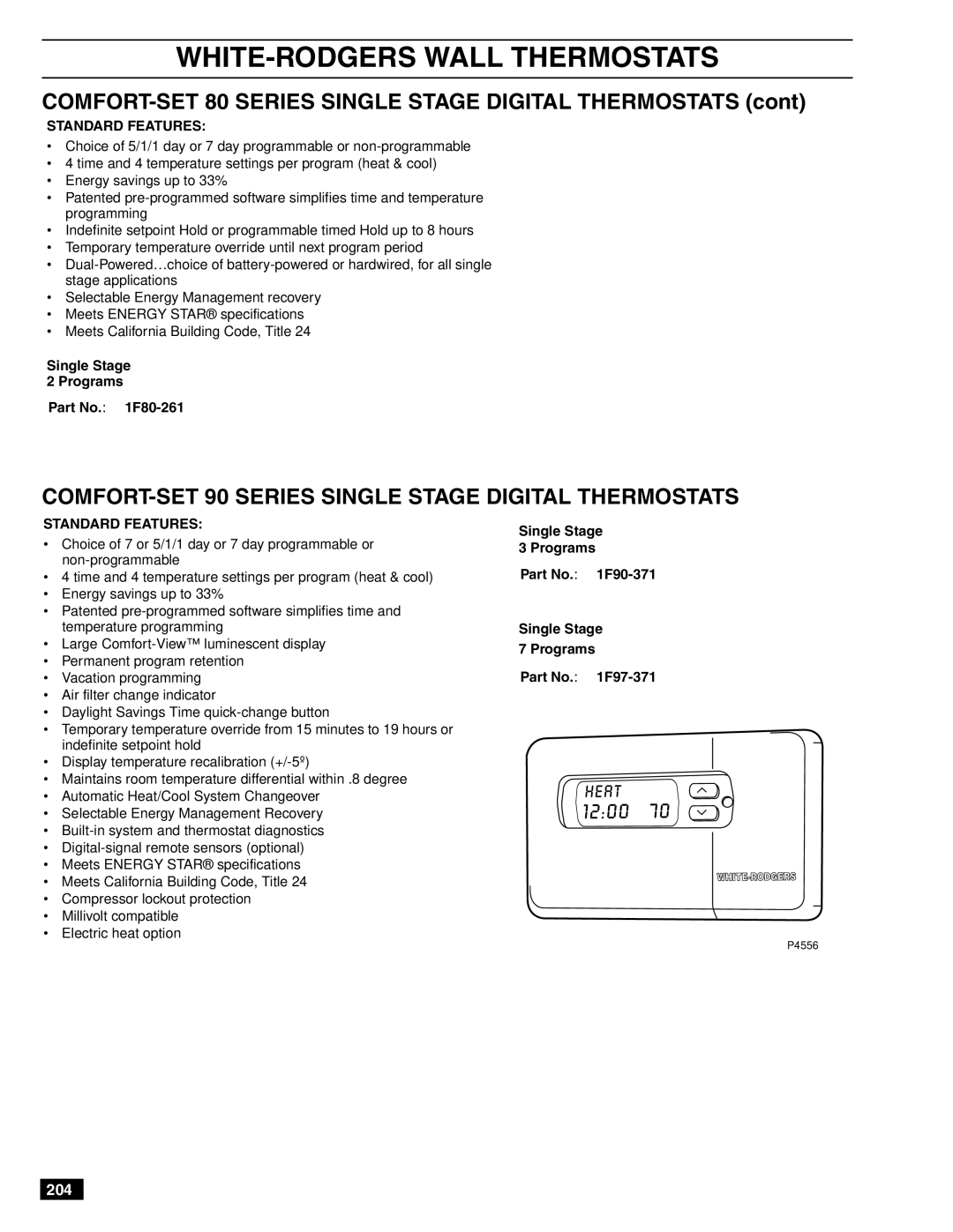 White Rodgers 1F56-301 manual COMFORT-SET 90 Series Single Stage Digital Thermostats, Single Stage Programs Part No F80-261 