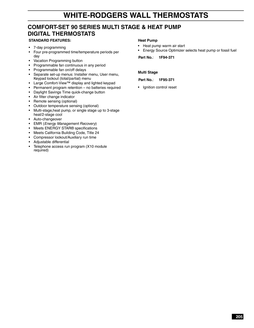 White Rodgers 1E56-444, 1D56-310, 1F56-444, 1F56-301 manual Heat Pump, Part No F94-371 Multi Stage Part No F95-371 