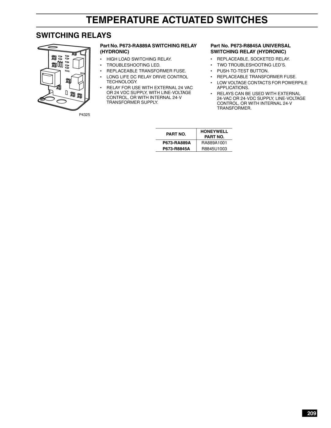 White Rodgers 1E56-444, 1D56-310, 1F56-444, 1F56-301 manual Switching Relays, Part No. P673-RA889A Switching Relay Hydronic 