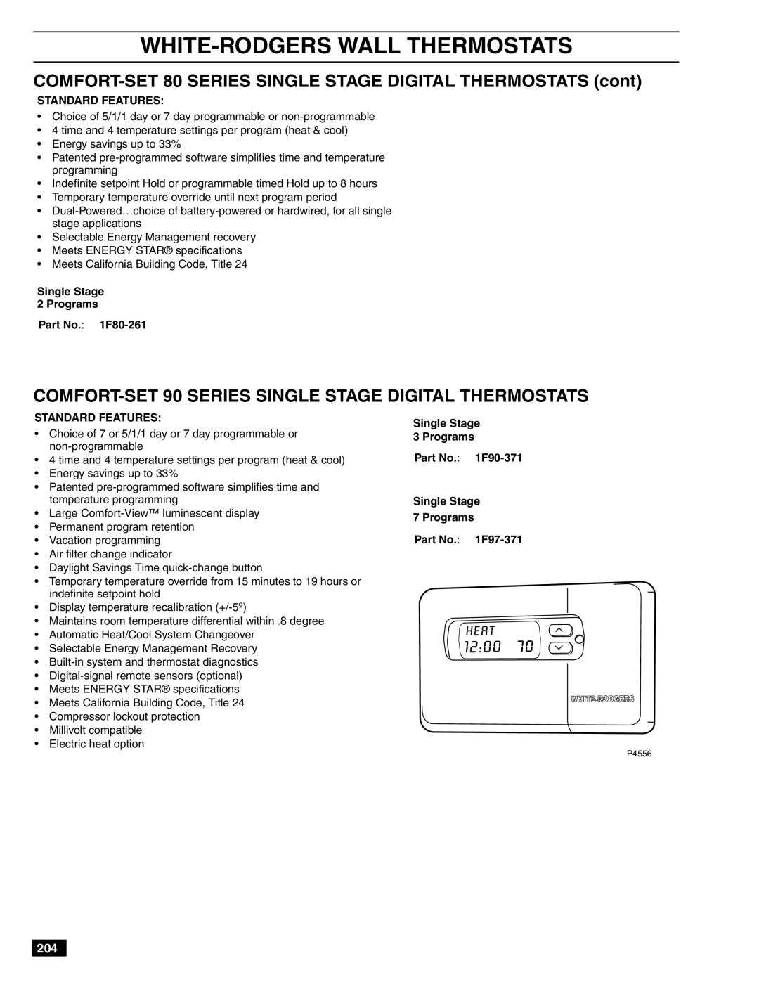 White Rodgers 1F56-301 COMFORT-SET 80 SERIES SINGLE STAGE DIGITAL THERMOSTATS cont, Part No. 1F97-371, Standard Features 