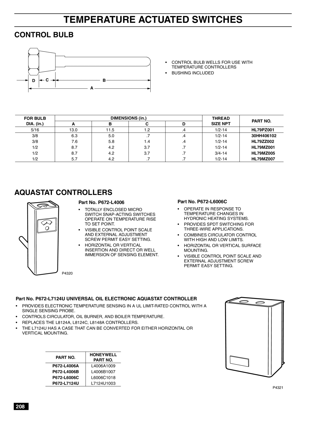 White Rodgers 1F56-301, 1E56-444 Temperature Actuated Switches, Control Bulb, Aquastat Controllers, Part No. P672-L4006 