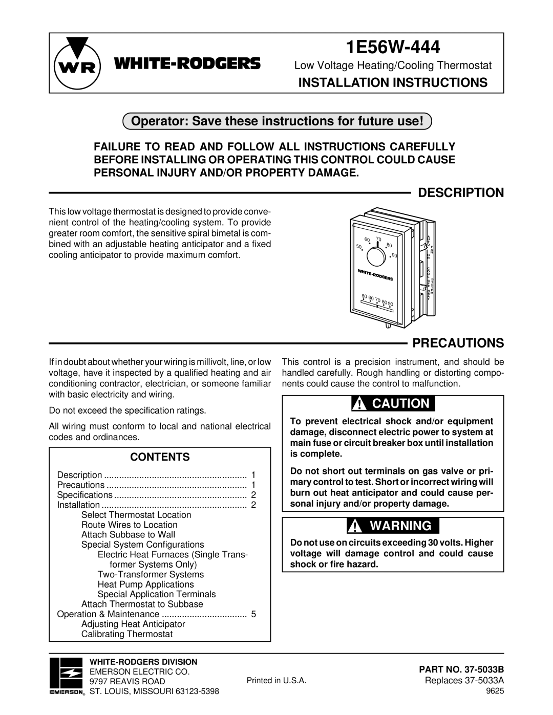 White Rodgers 1E56W-444 installation instructions Installation Instructions, Description, Precautions, Contents 