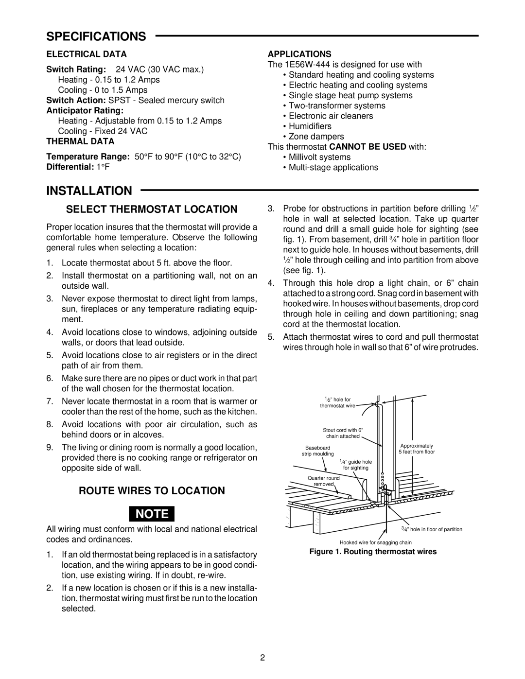 White Rodgers 1E56W-444 Specifications, Installation, Select Thermostat Location, Route Wires to Location 