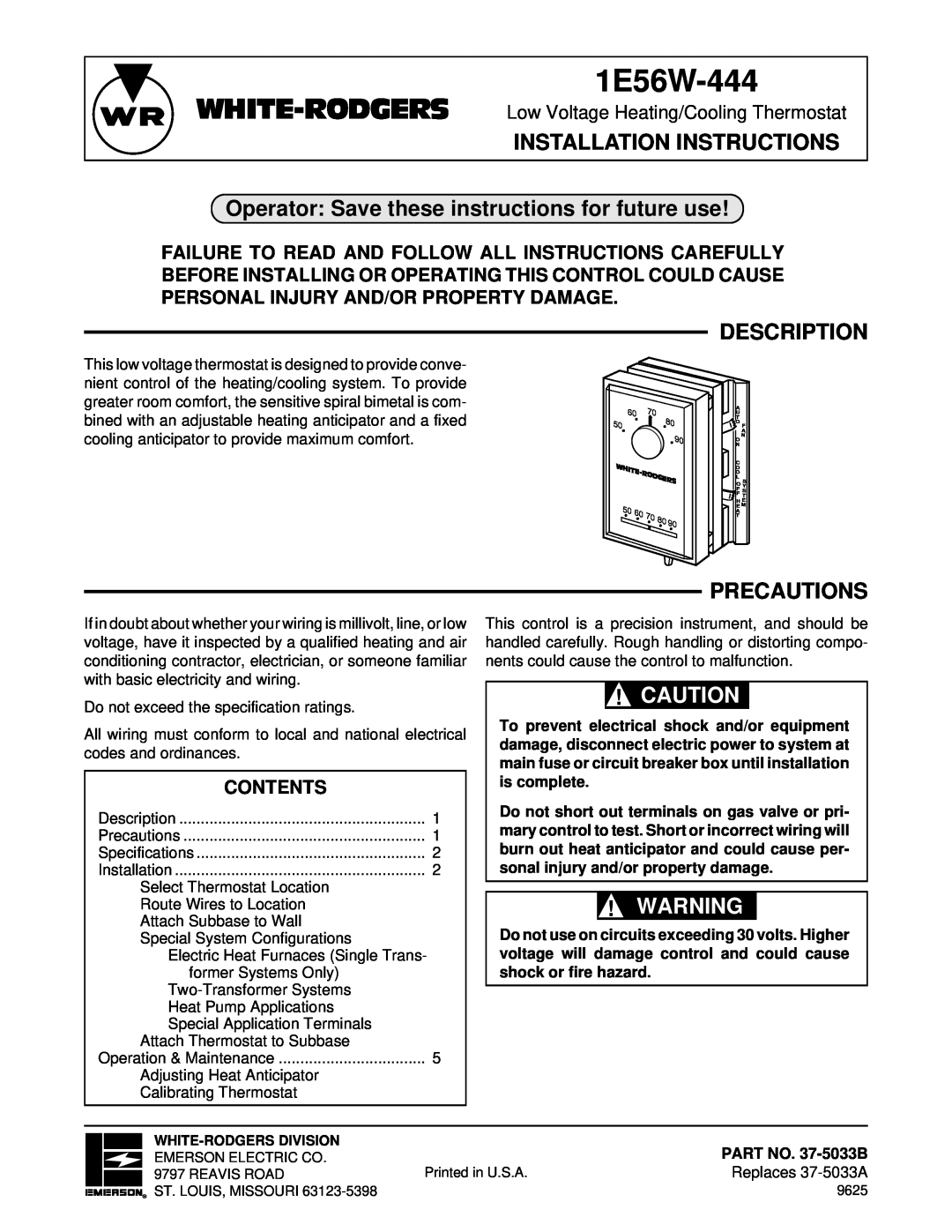 White Rodgers 1E56W-444 installation instructions Installation Instructions, Description, Precautions, Contents 