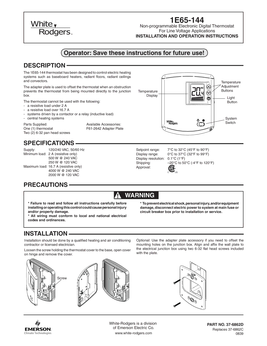 White Rodgers 1E65-144 specifications Operator Save these instructions for future use, Description, Specifications 