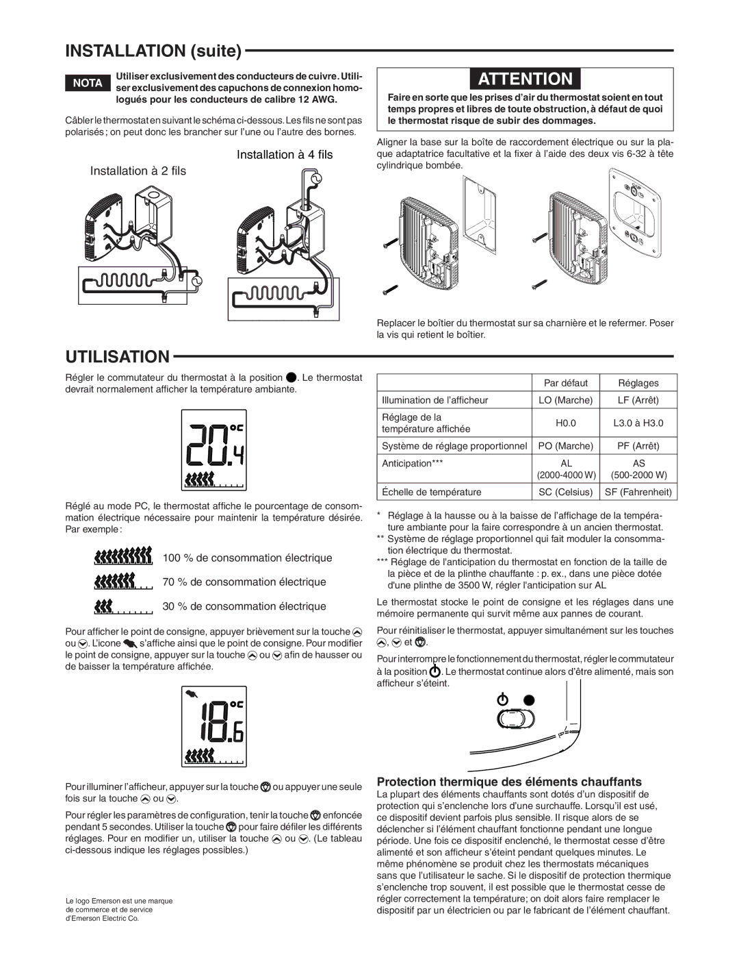 White Rodgers 1E65-144 specifications Installation suite, Utilisation, Installation à 2 fils 