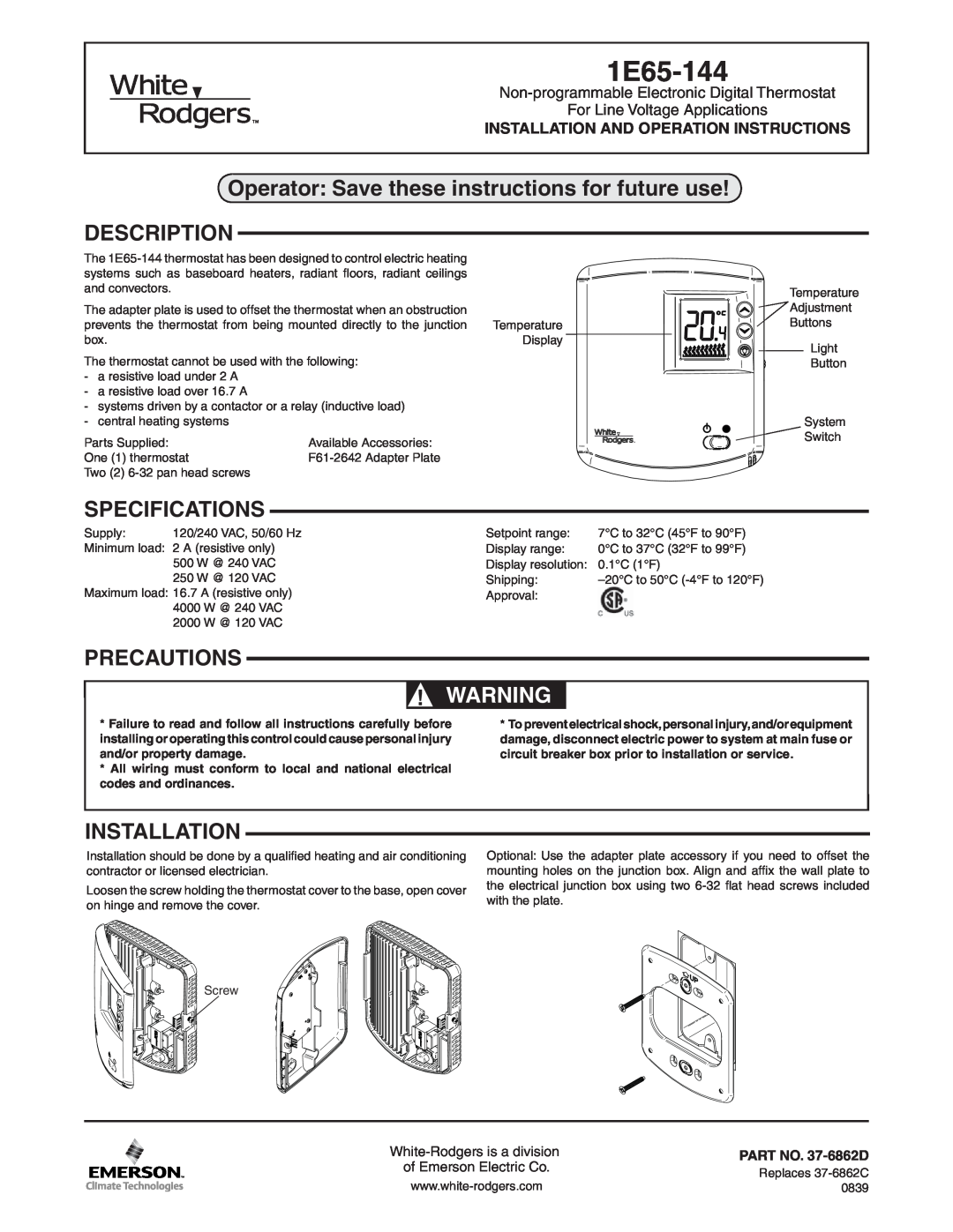 White Rodgers 1E65-144 specifications Operator Save these instructions for future use, Description, Specifications 