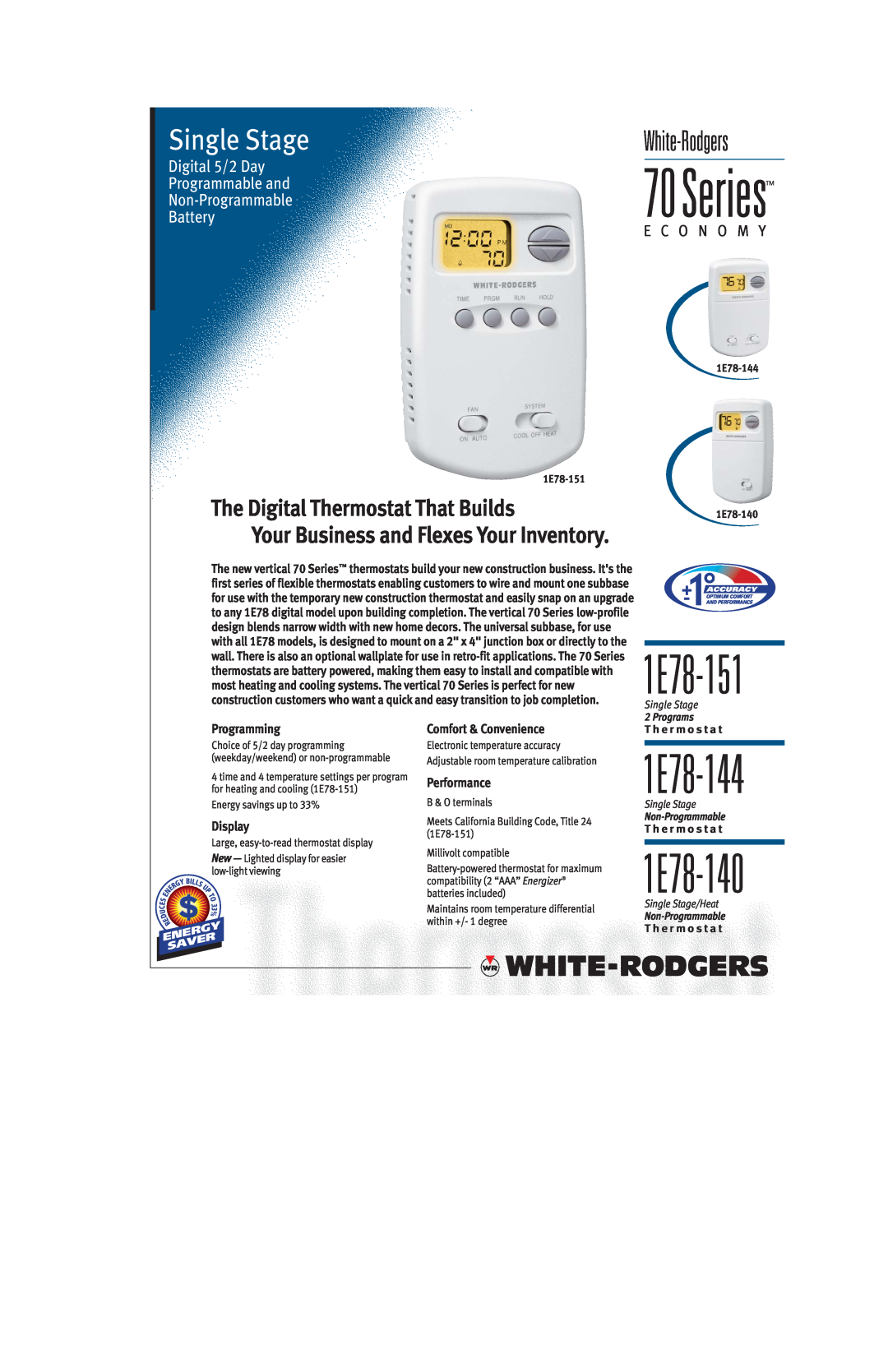 White Rodgers 1E78-144 dimensions Programming, Display, Comfort & Convenience, Performance, 1E78-151, Single Stage, Series 