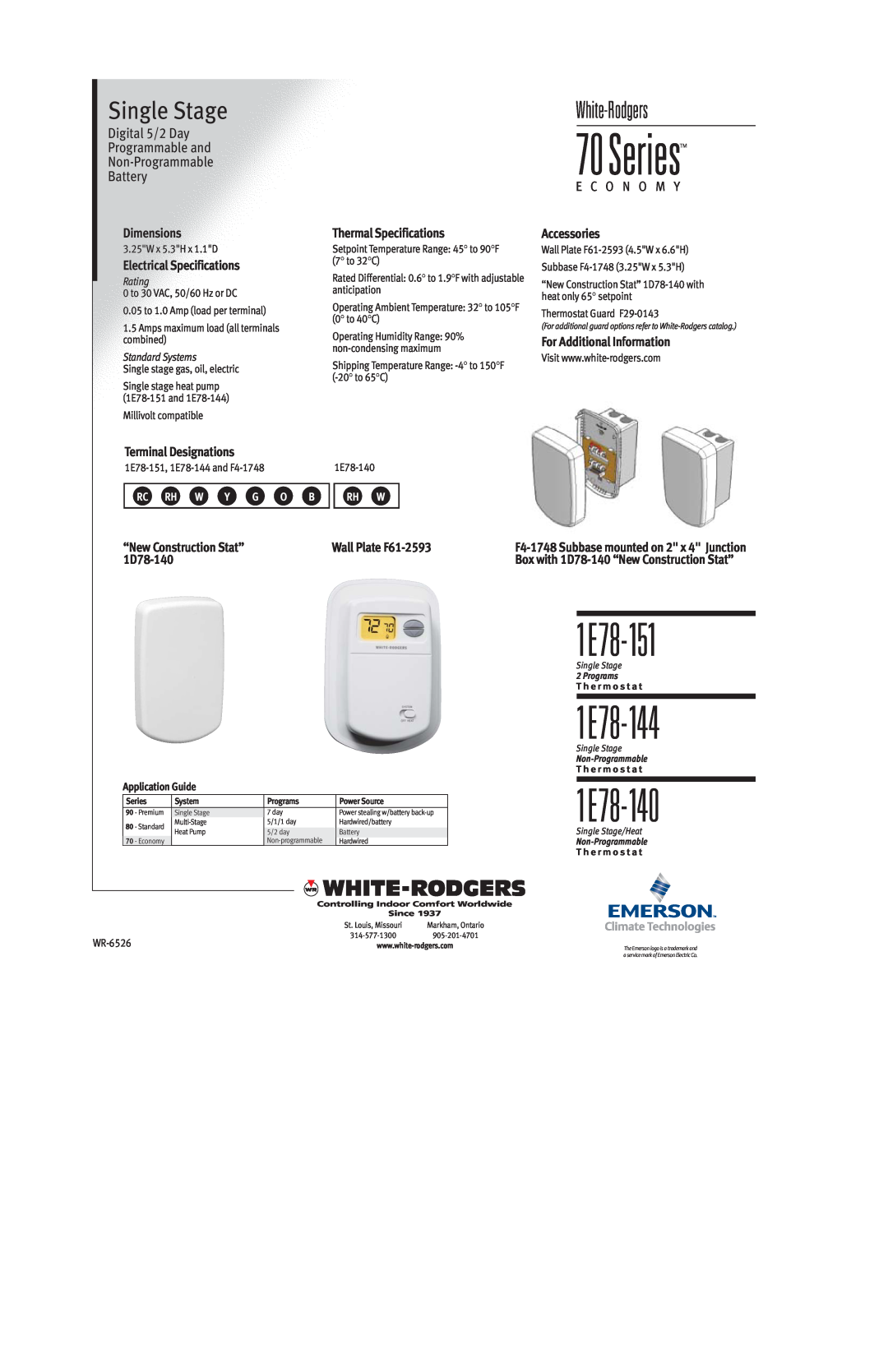 White Rodgers 1E78-151 Dimensions, Electrical Specifications, Thermal Specifications, Accessories, Terminal Designations 
