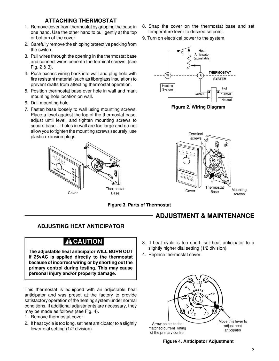 White Rodgers 1E30(W), 1F30(W) Adjustment & Maintenance, Attaching Thermostat, Adjusting Heat Anticipator 