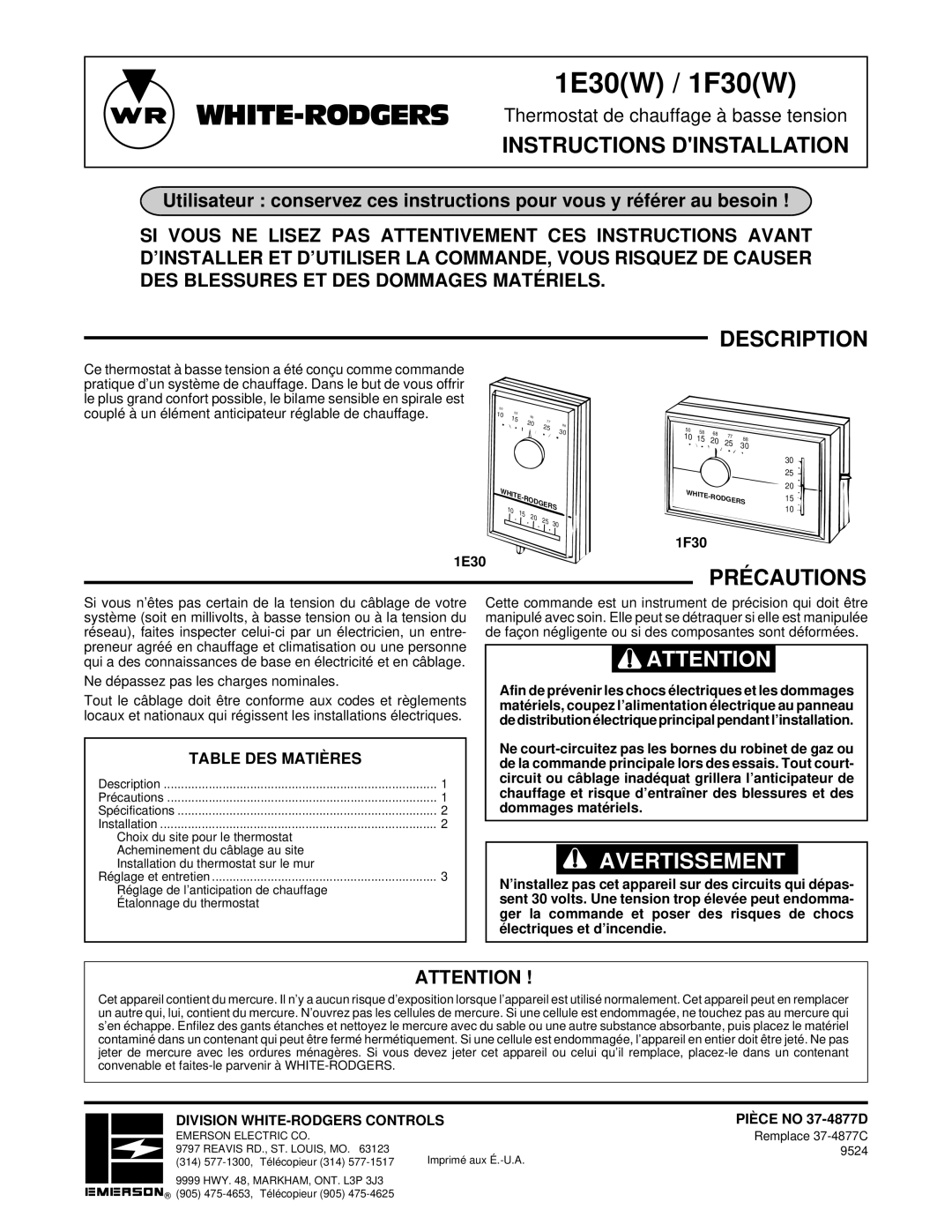 White Rodgers 1E30(W) Instructions Dinstallation, Précautions, Table DES Matières, Division WHITE-RODGERS Controls 