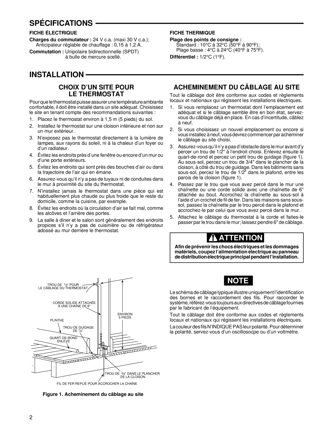 White Rodgers 1F30(W) Spécifications, Choix D’UN Site Pour LE Thermostat, Acheminement DU Câblage AU Site, Fiche Thermique 