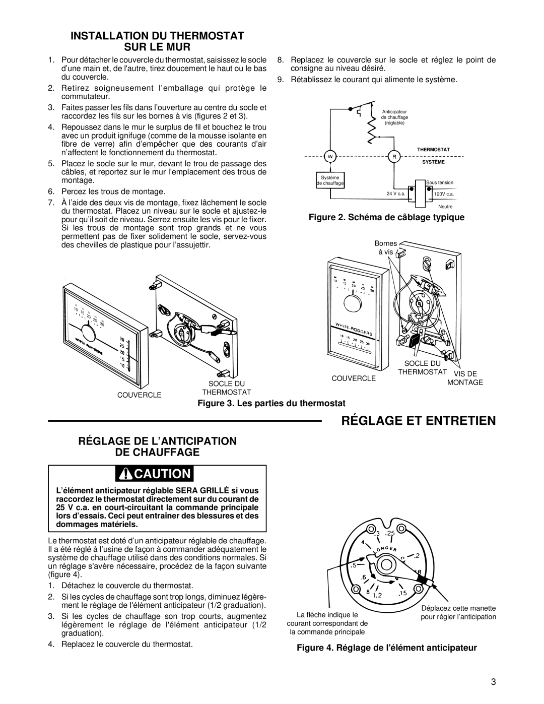 White Rodgers 1E30(W) Réglage ET Entretien, Installation DU Thermostat SUR LE MUR, Réglage DE L’ANTICIPATION DE Chauffage 