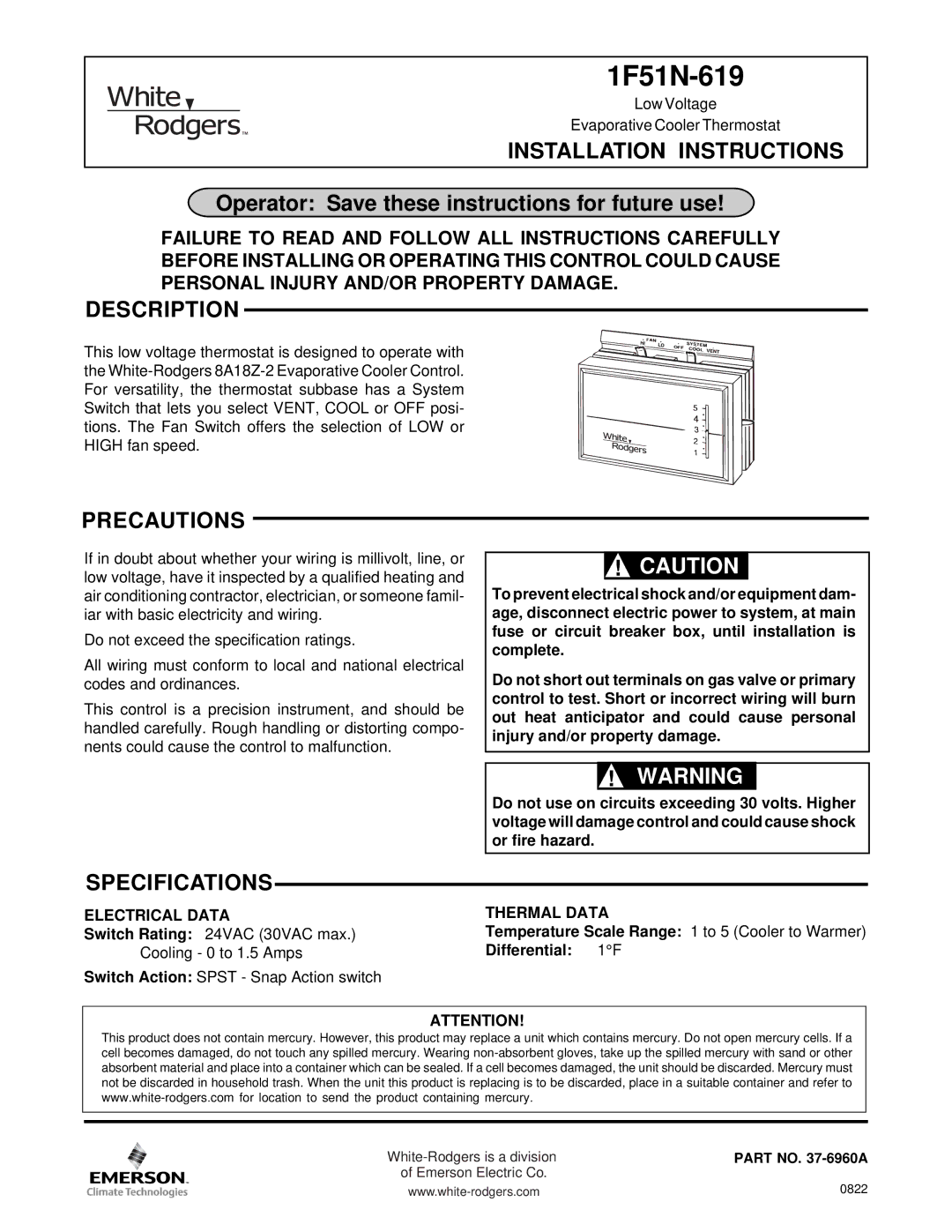 White Rodgers 1F51N-619 installation instructions Installation Instructions, Description, Precautions, Specifications 