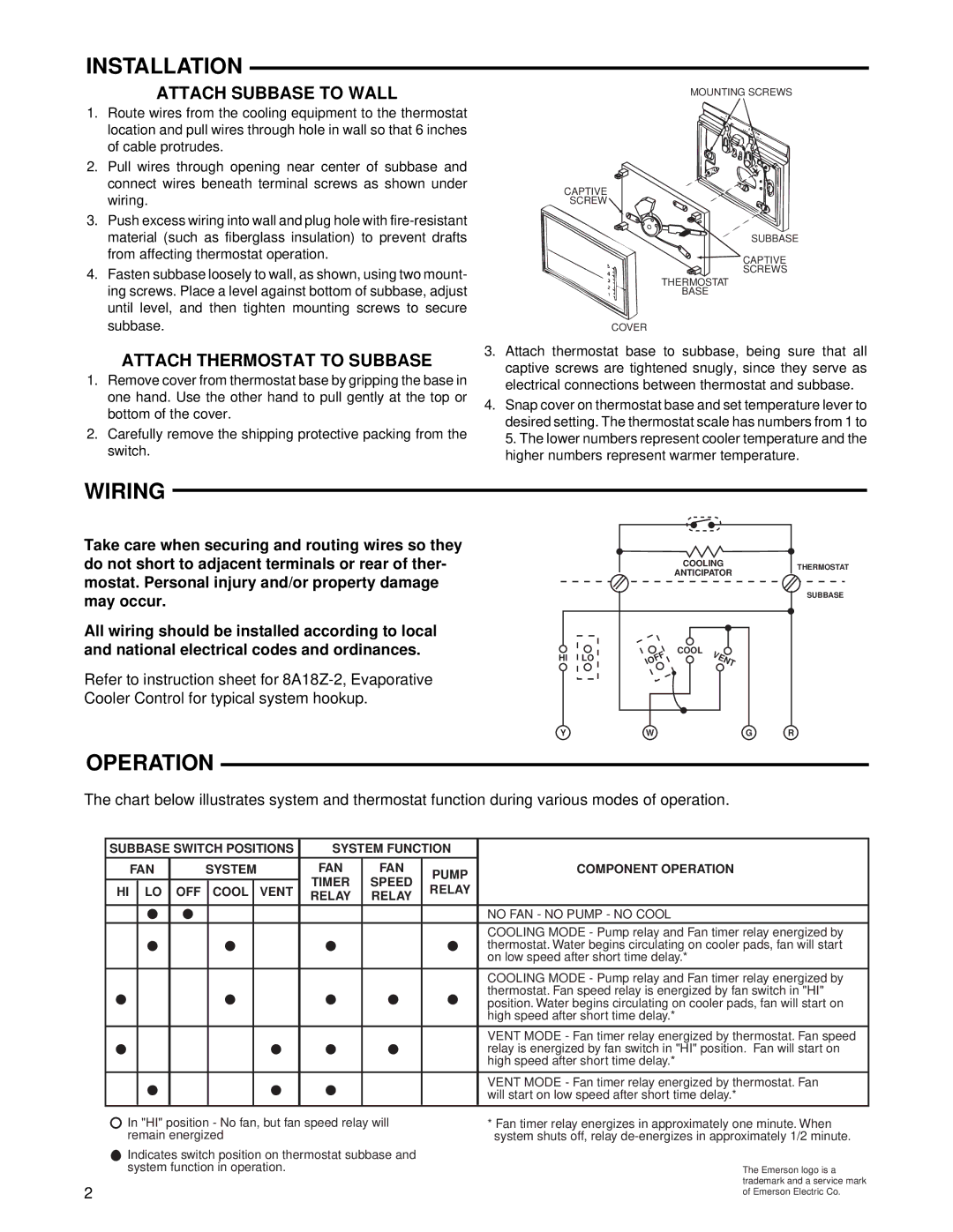 White Rodgers 1F51N-619 Installation, Wiring, Operation, Attach Subbase to Wall, Attach Thermostat to Subbase 