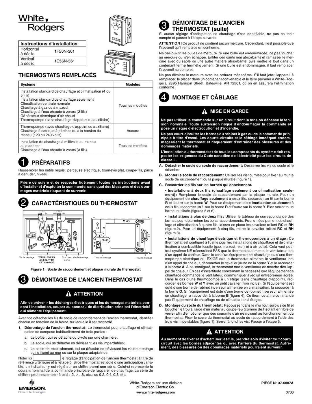 White Rodgers 1F56N-361 manual Préparatifs, Démontage DE L’ANCIEN Thermostat, Montage ET Câblage 