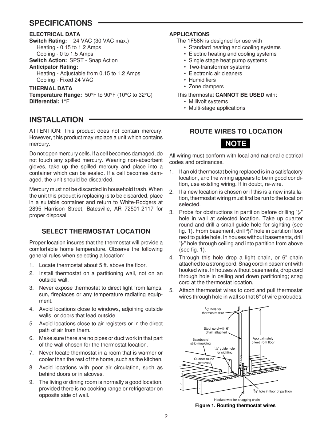 White Rodgers 1F56N-911 Specifications, Installation, Select Thermostat Location, Route Wires to Location 