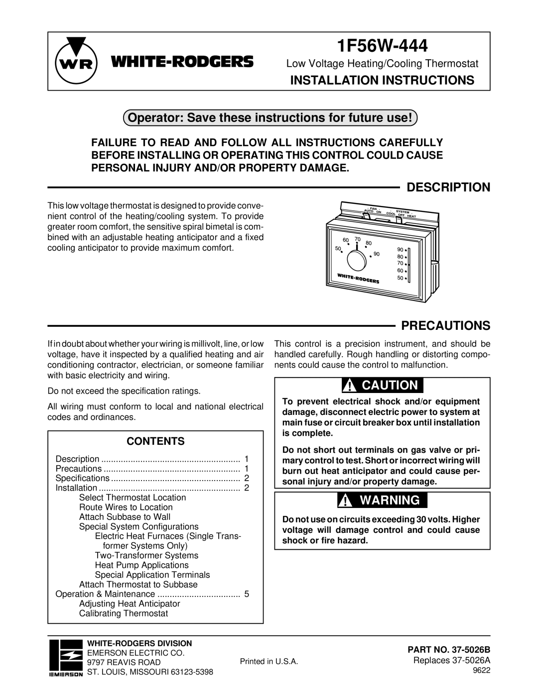 White Rodgers 1F56W-444 installation instructions Installation Instructions, Description, Precautions, Contents 