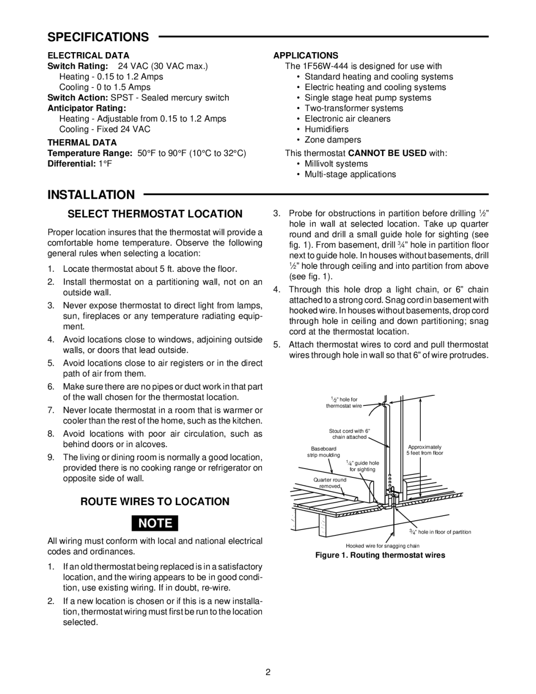 White Rodgers 1F56W-444 Specifications, Installation, Select Thermostat Location, Route Wires to Location 