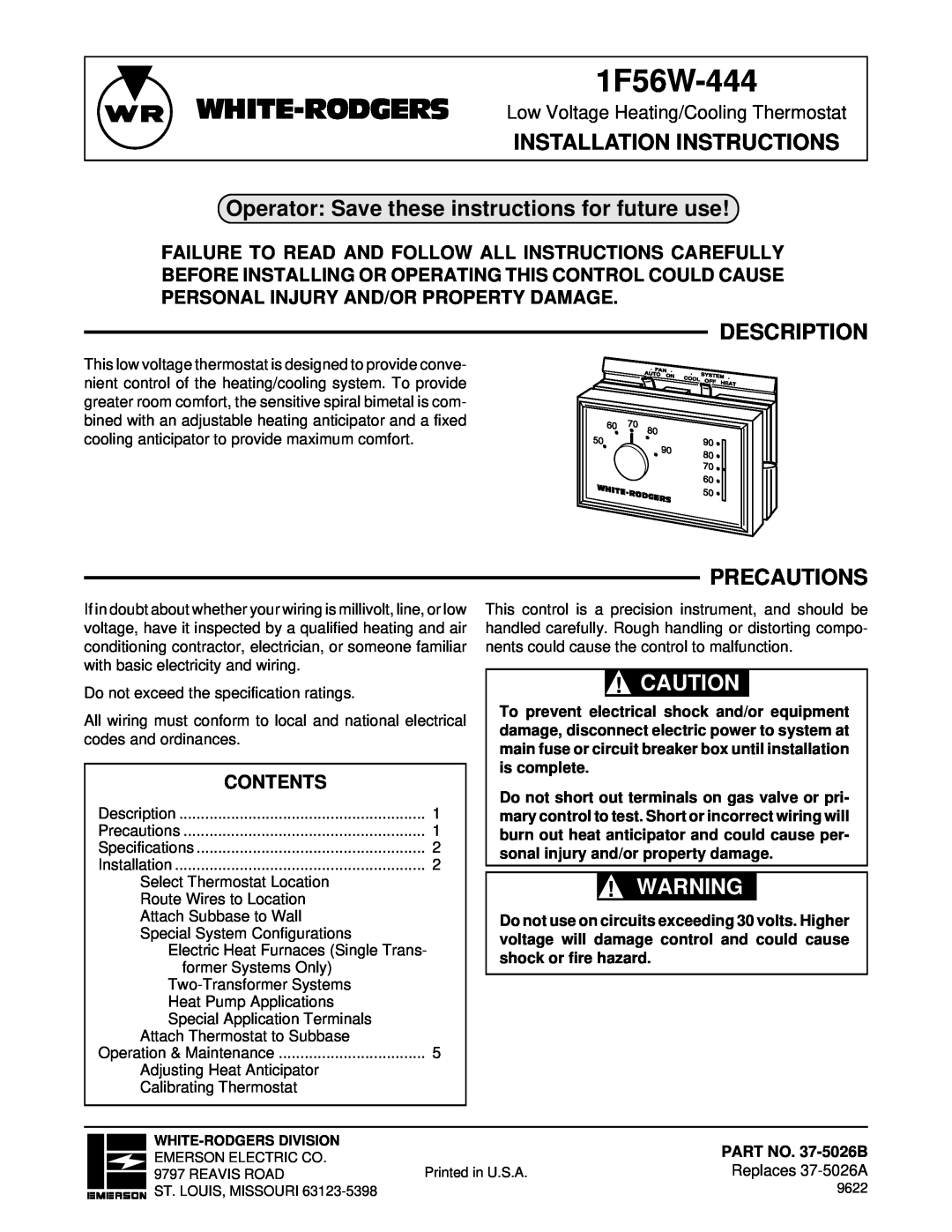 White Rodgers 1F56W-444 installation instructions Installation Instructions, Description, Precautions, Contents 