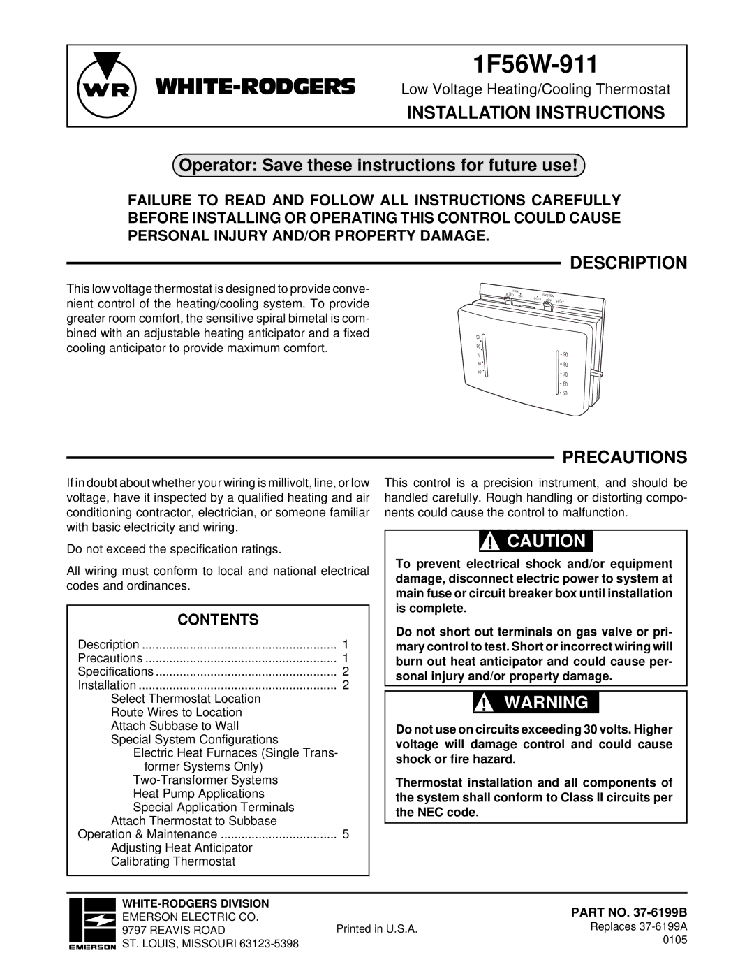 White Rodgers 1F56W-911 installation instructions Installation Instructions, Description, Precautions, Contents 