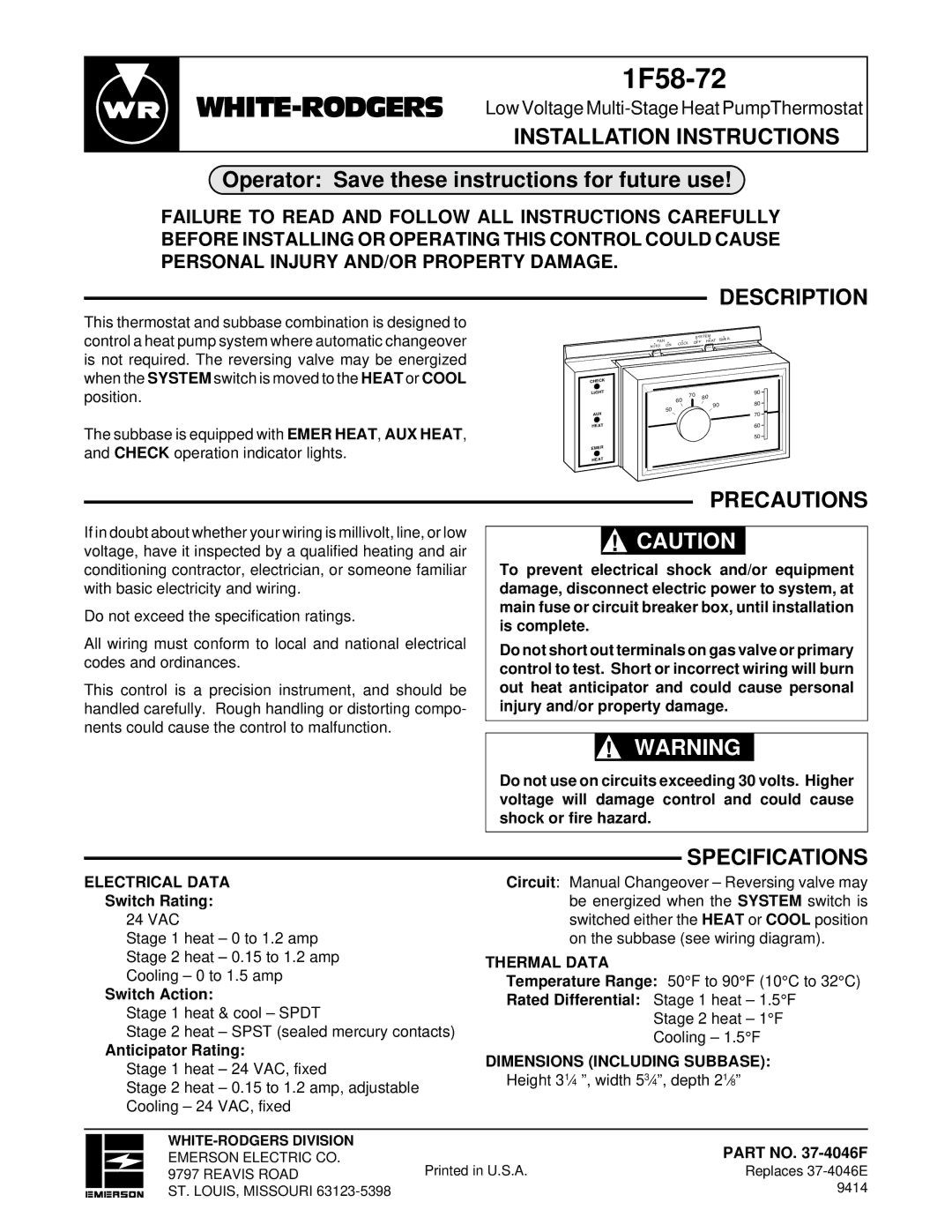 White Rodgers IF58-72 installation instructions Installation Instructions, Description, Precautions, Specifications 