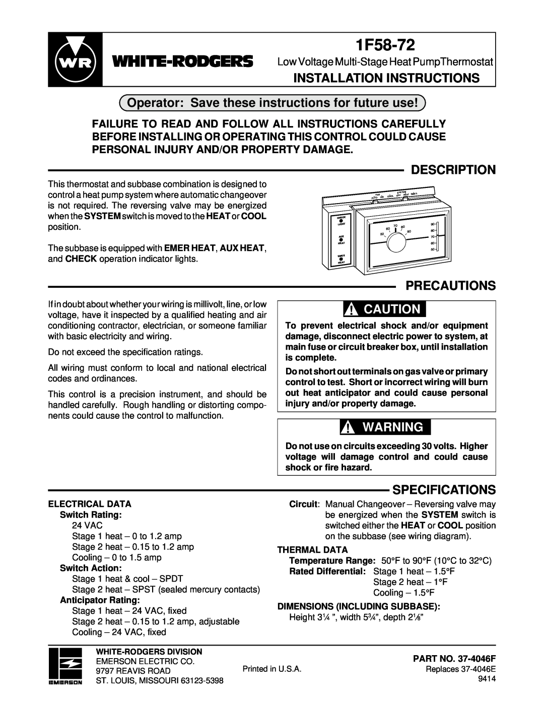 White Rodgers 1F58-72 installation instructions Installation Instructions, Operator Save these instructions for future use 