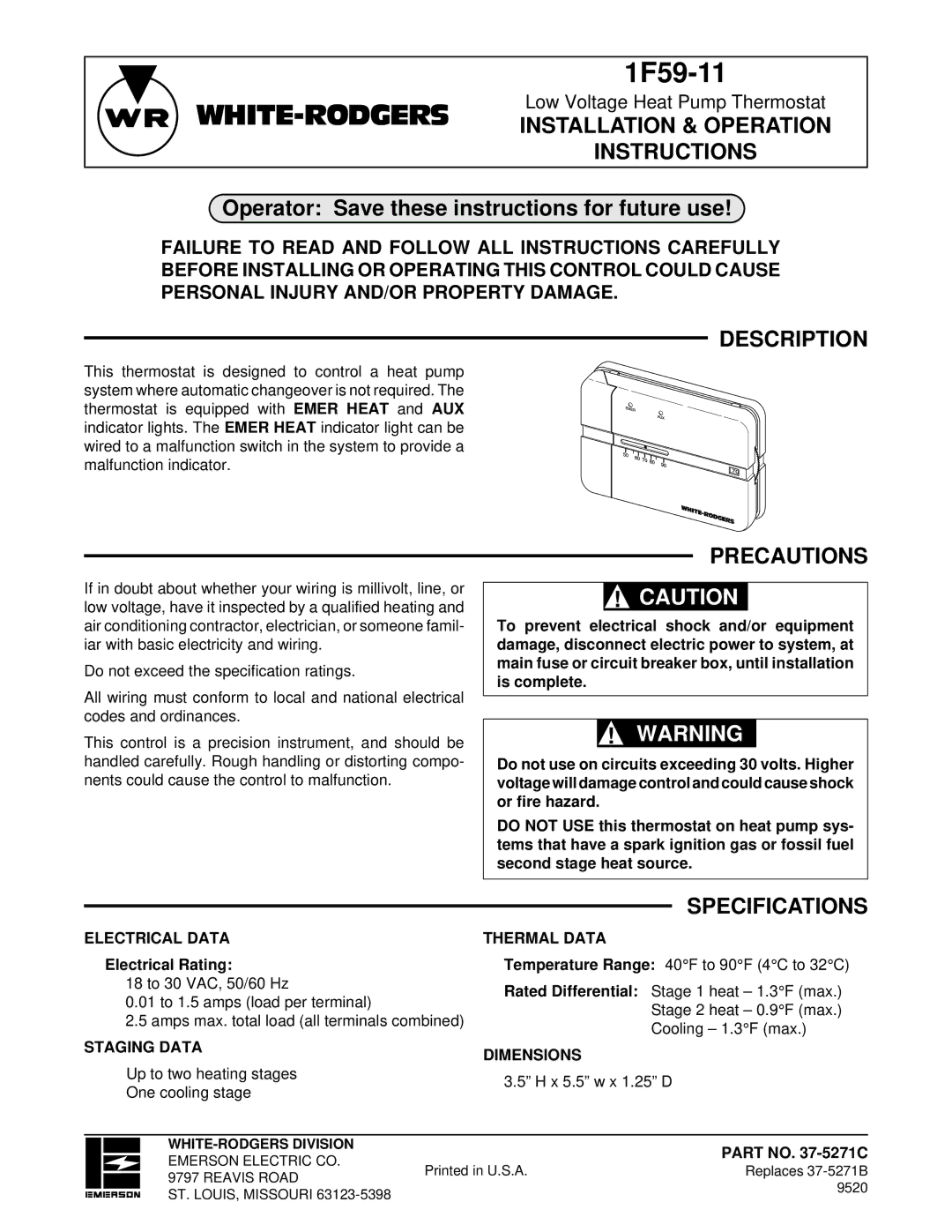 White Rodgers 1F59-11 specifications WHITE-RODGERSINSTALLATION & Operation Instructions, Description, Precautions 