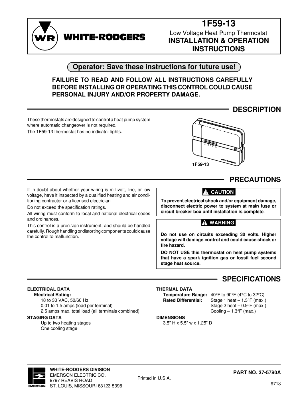 White Rodgers 1F59-13 specifications WHITE-RODGERSINSTALLATION & Operation Instructions, Description, Precautions 