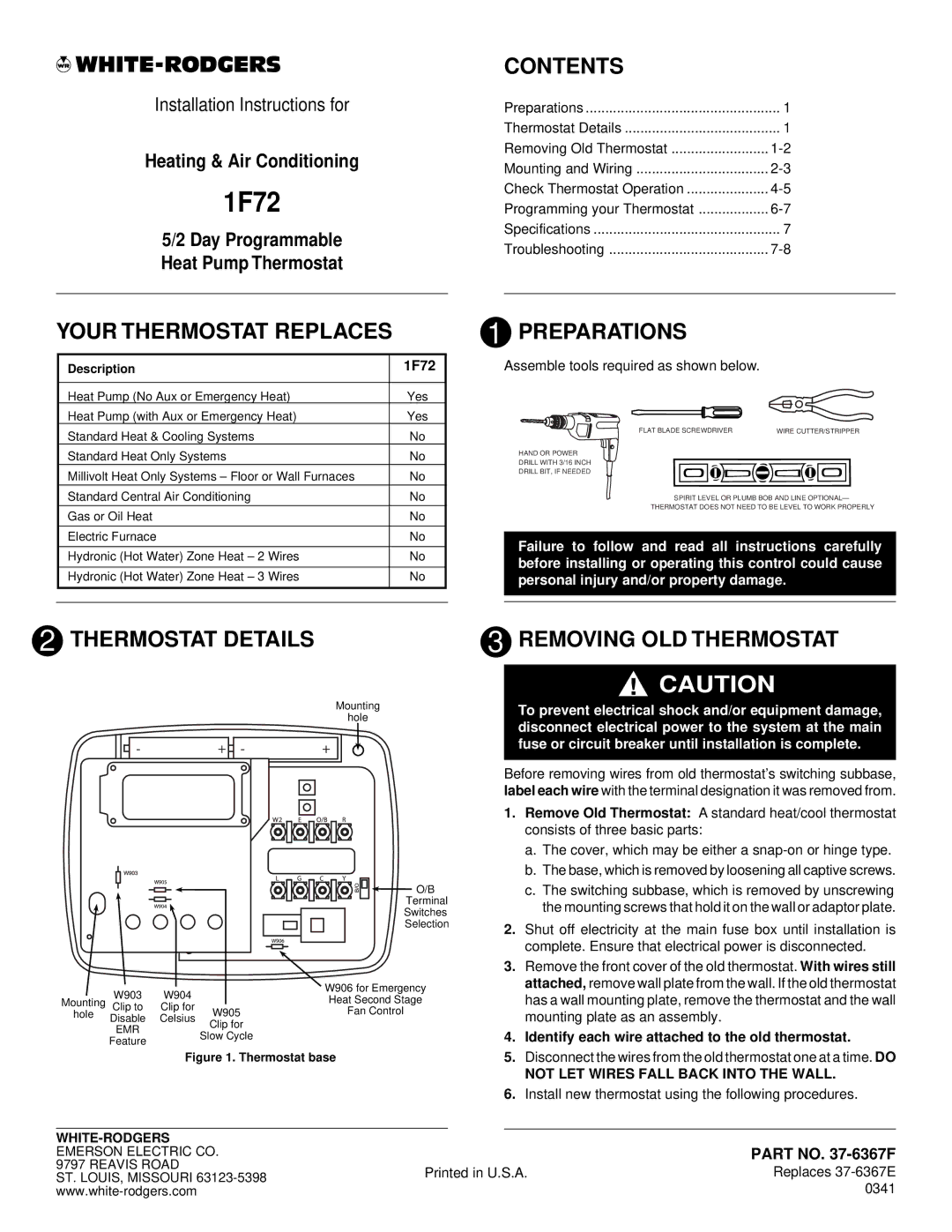 White Rodgers 1F72 installation instructions Contents, Your Thermostat Replaces, Preparations 