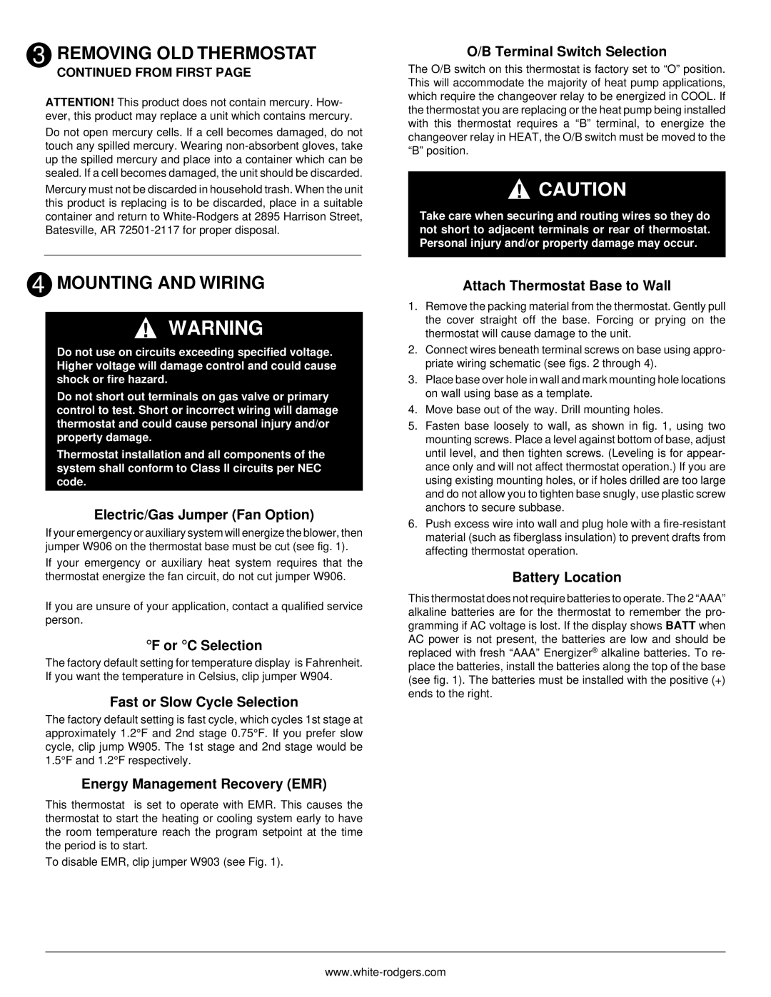 White Rodgers 1F72 installation instructions Mounting and Wiring 