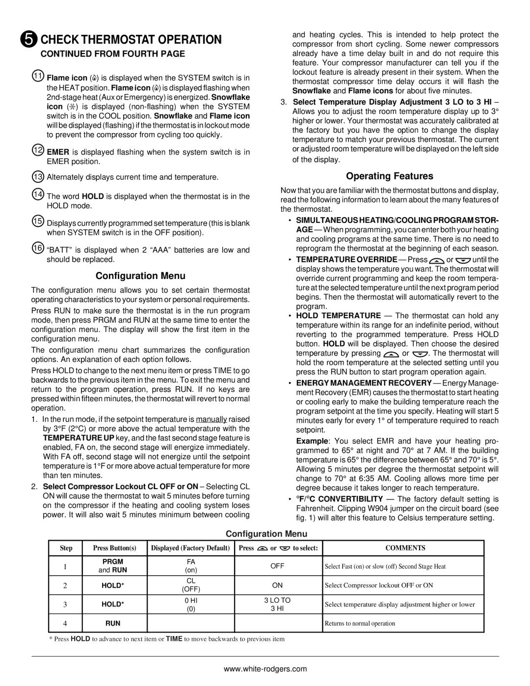 White Rodgers 1F72 installation instructions Configuration Menu, Operating Features, From Fourth, Display 