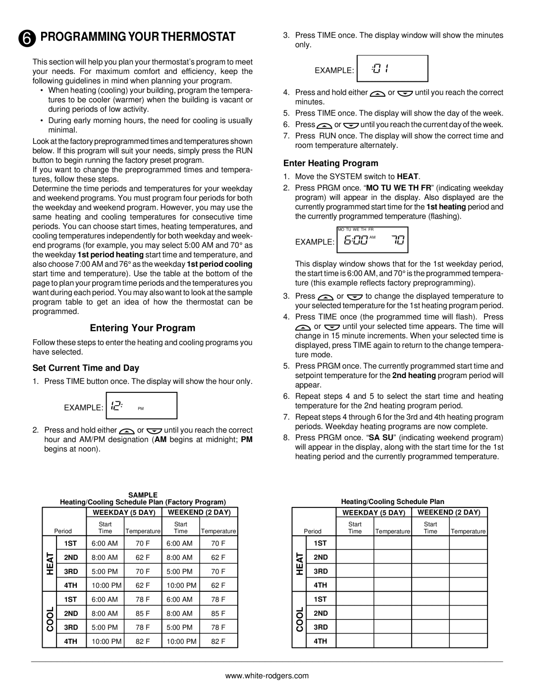 White Rodgers 1F72 Programming Your Thermostat, Entering Your Program, Enter Heating Program, Set Current Time and Day 