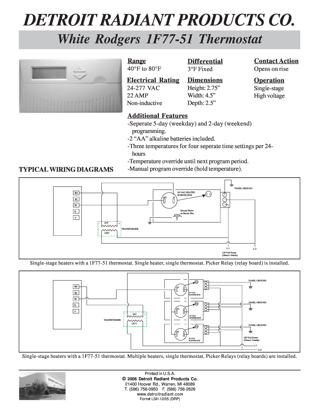 White Rodgers dimensions Detroit Radiant Products Co, White Rodgers 1F77-51 Thermostat, Range, Differential, Dimensions 