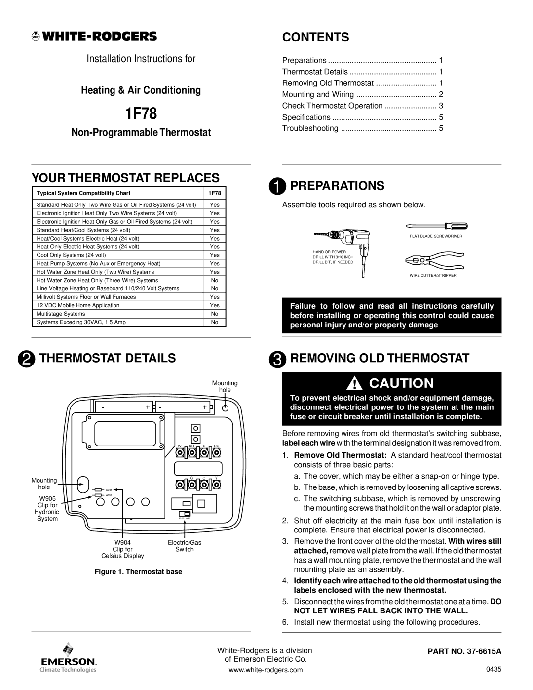 White Rodgers 1F78 installation instructions Your Thermostat Replaces, Contents, Preparations, Thermostat Details 