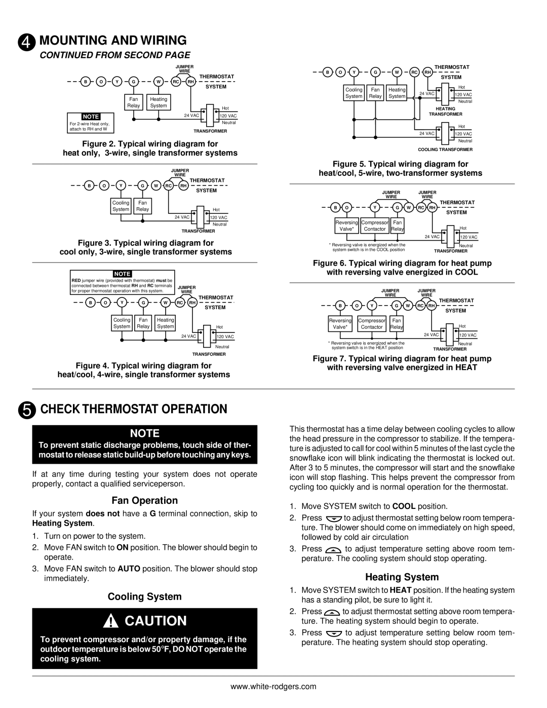 White Rodgers 1F78 Check Thermostat Operation, Fan Operation, Cooling System, Heating System, From Second 