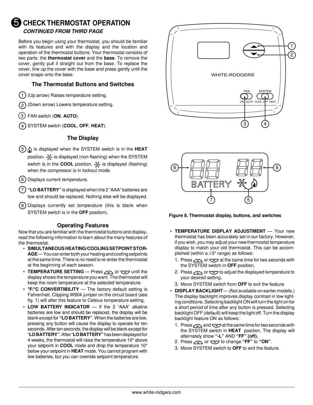 White Rodgers 1F78 installation instructions Thermostat Buttons and Switches, Display, Operating Features, From Third 