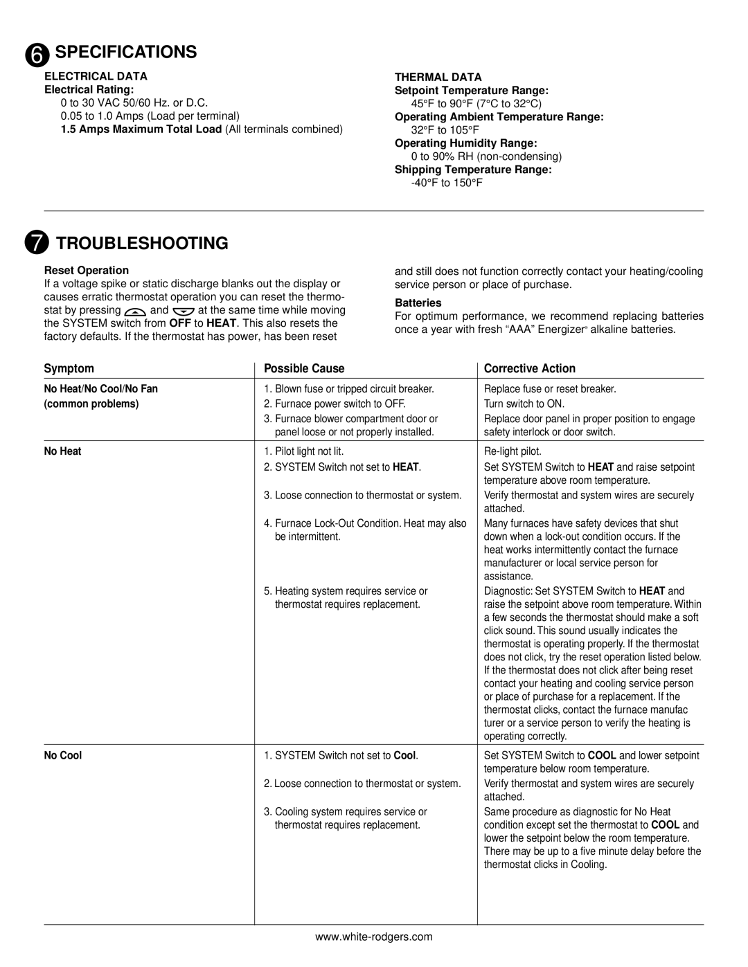 White Rodgers 1F78 installation instructions Specifications, Troubleshooting, Electrical Data, Thermal Data 