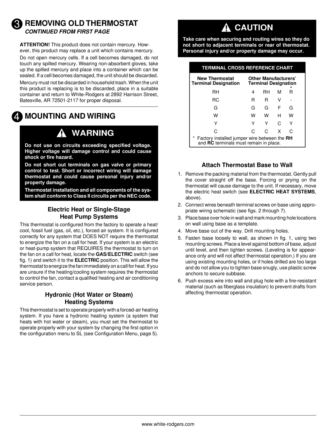 White Rodgers 1F78H Mounting and Wiring, Electric Heat or Single-Stage Heat Pump Systems, Attach Thermostat Base to Wall 